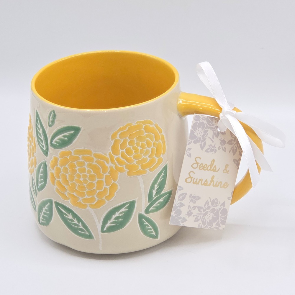 Seeds & Sunshine Farmhouse Embossed Floral Coffee Mug 16oz Yellow Botanical